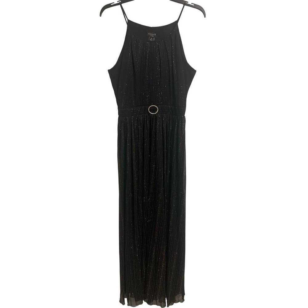 Alexa B Nites 10 Black Empire Waist Halter Maxi Dres Metallic Threading